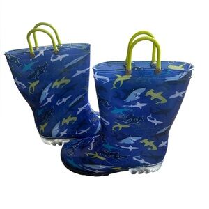 Boys Blue Shark Print Rain Boots Waterproof Puddle Jump Ocean Core Kids Size 3